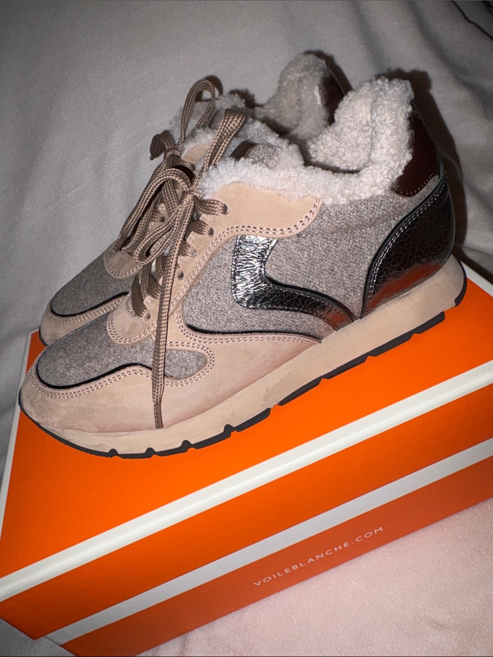 NWT VOILE BLANCHE JULIA Fur Leather And Fabric Sneakers in Beige - Picture 12 of 14